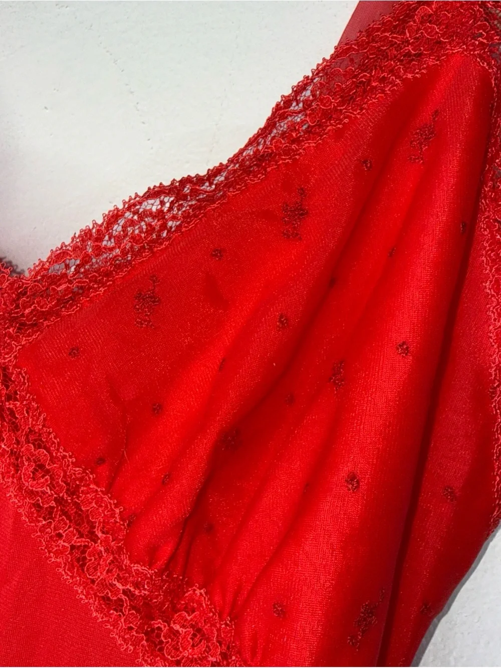 Vintage Rogers Red Nylon Midi Slip Dress Empire Waist‎ Embroidery Bust 36